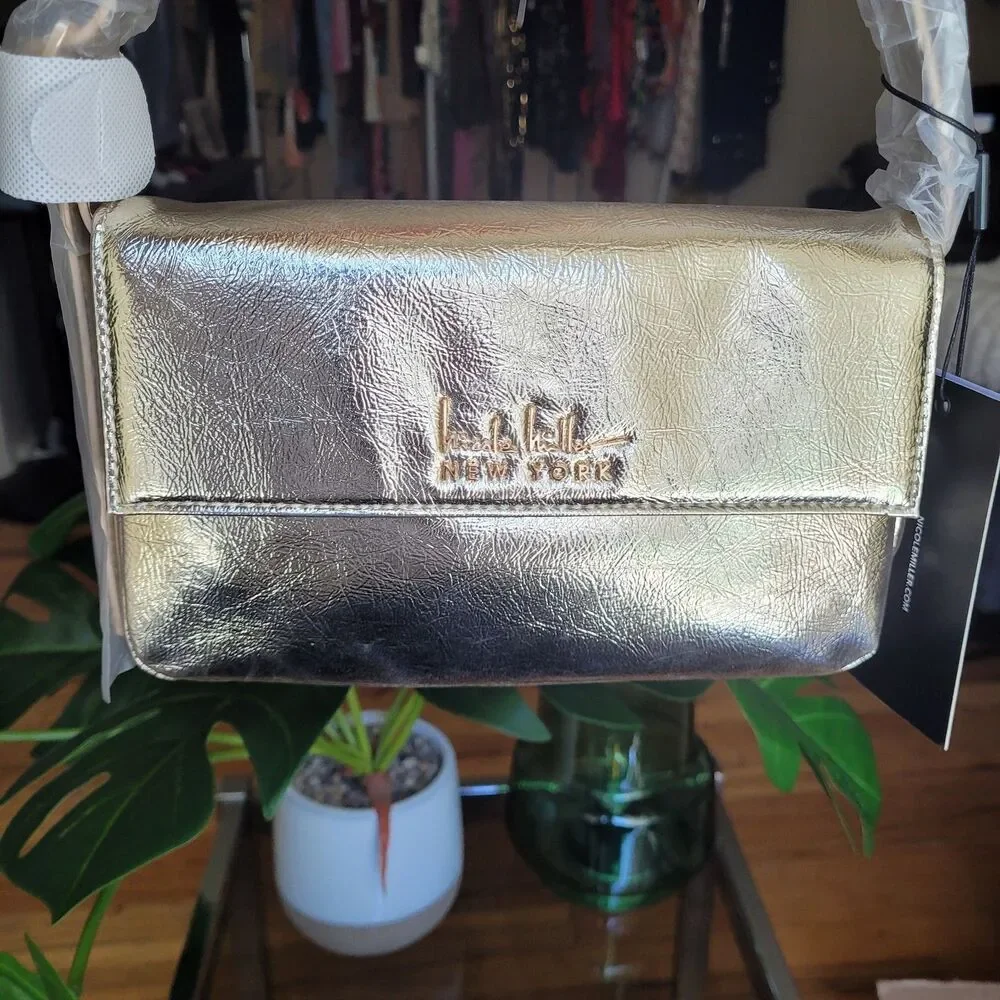 Nicole Miller Metallic Gold Vegan Leather Handbag Purse Shoulder Bag NWT $60 NEW - Picture 11 of 16